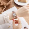 DZG rose gold diamond-encrusted square watch, purple and blue gradient metal strap, gold mesh strap, white Roman numerals dial details Picture